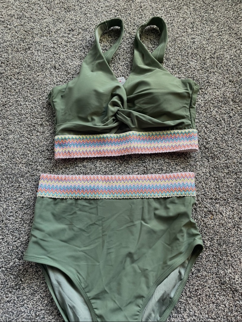 Cupshe Olive Green Two-Piece Bikini with Multicolor Zigzag Trim